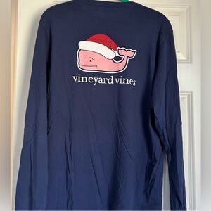 Vineyard Vines Navy Blue Long Sleeve Top T-Shirt Christmas Santa Whale Sz Small